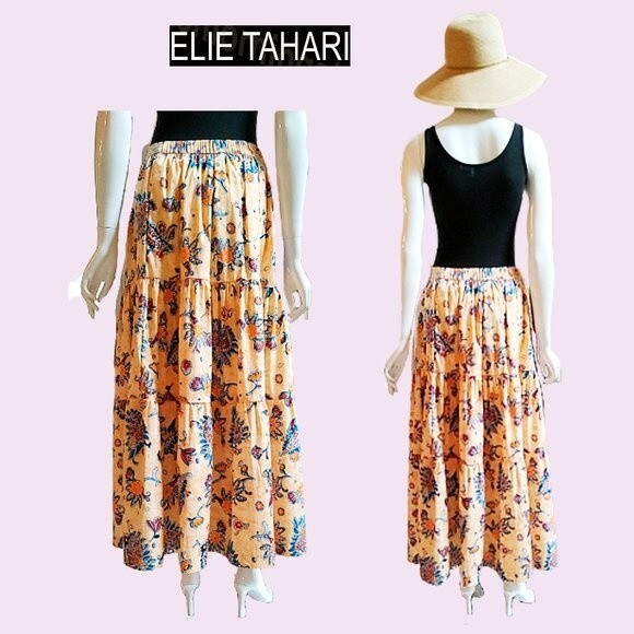 ELIE TAHARI NEW SUNLIT GARDEN Bohemian Floral Tiered Full Midi Skirt L - Picture 8 of 11